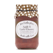 Jar of Mrs Darlington's Apple & Garlic Chutney with a checkered lid on a white background
