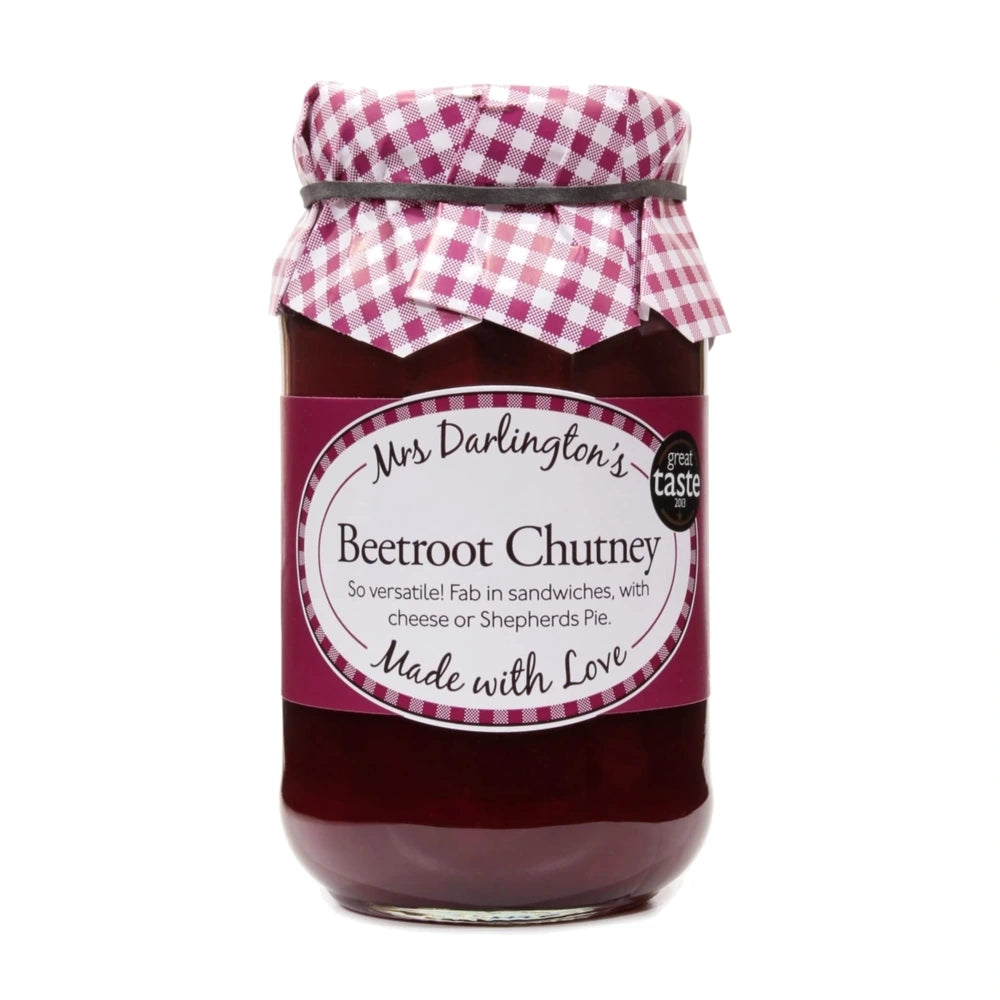 Jar of Mrs Darlington's Beetroot Chutney with a checkered lid on a white background