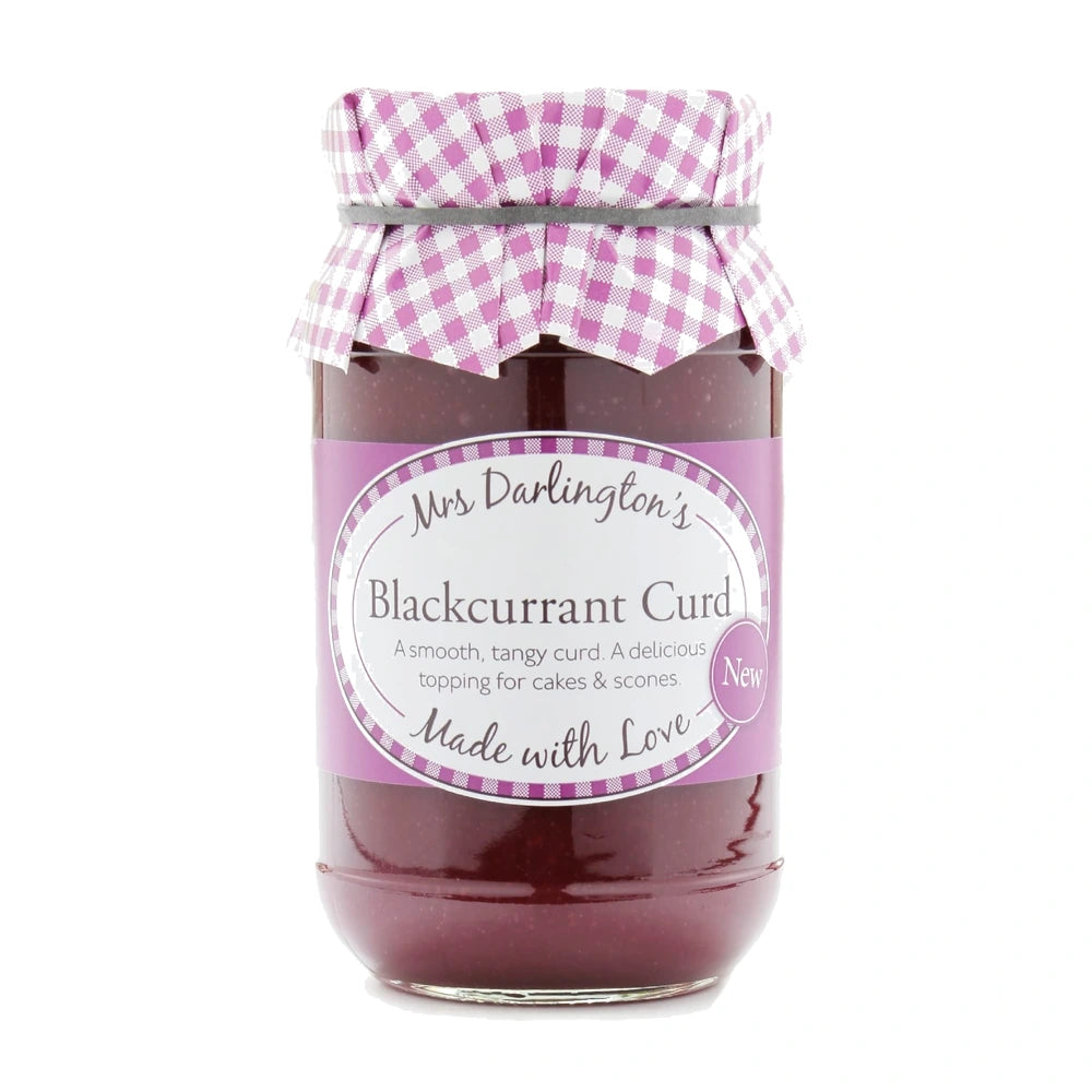 Jar of Mrs Darlington's Blackcurrant Curd with a checkered lid on a white background