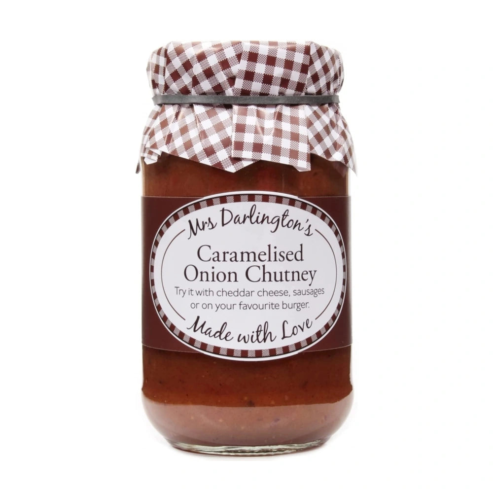 Jar of Mrs Darlington's Caramelised Onion Chutney with a checkered lid on a white background