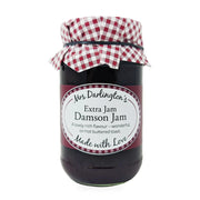 Jar of Mrs Darlington's Damson Jam with a checkered lid on a white background