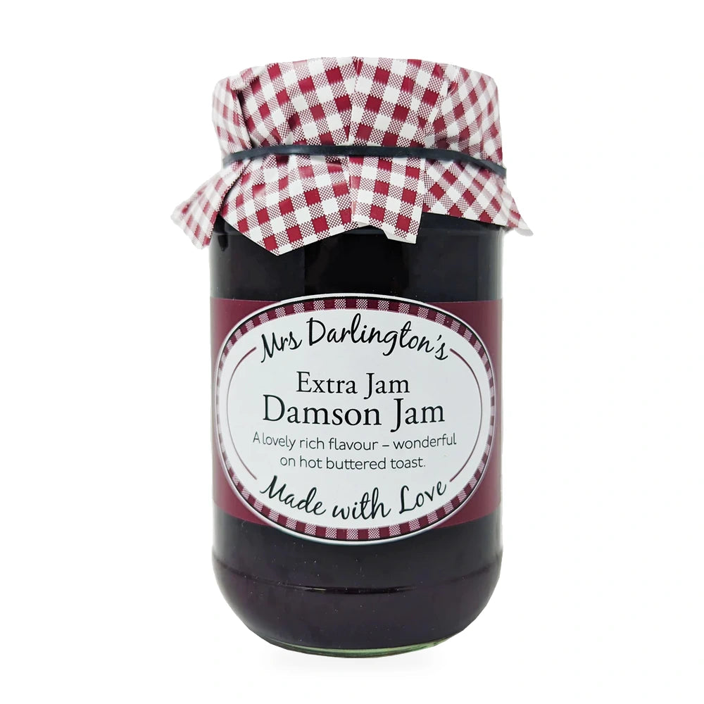 Jar of Mrs Darlington's Damson Jam with a checkered lid on a white background