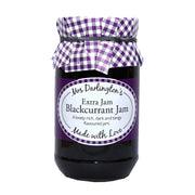 Jar of Mrs Darlington's Blackcurrant Jam with a purple checkered lid on a white background