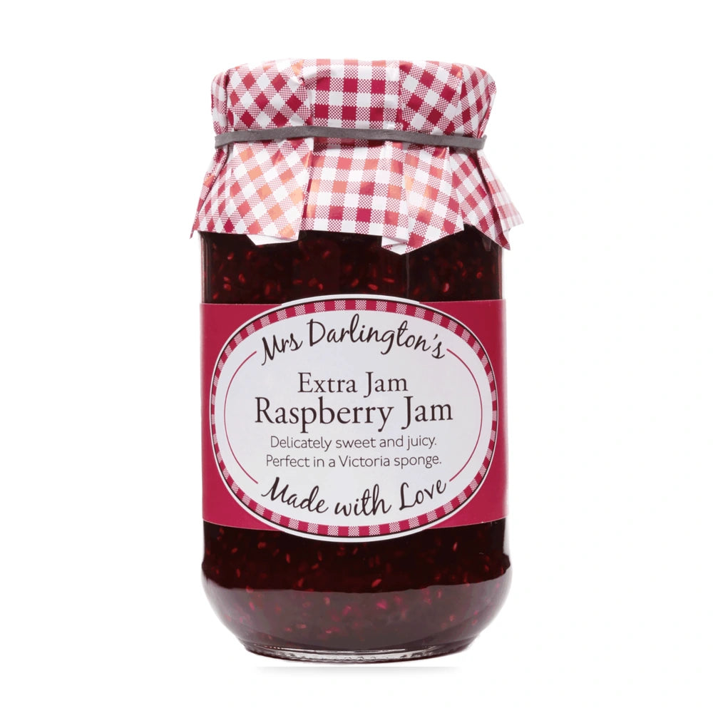Jar of Mrs. Darlington's Raspberry Jam with a checkered lid on a white background