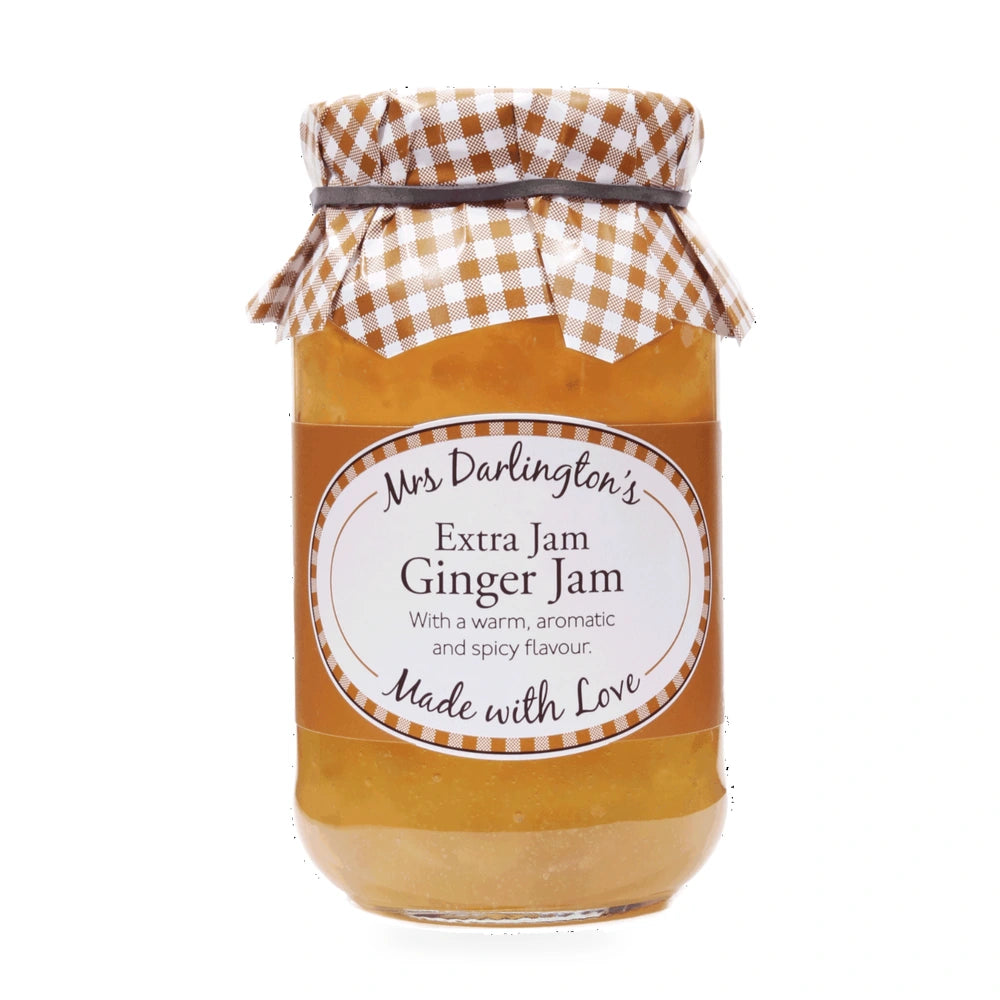 Jar of Mrs Darlington's Extra Jam Ginger Jam with a checkered lid on a white background