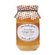 Jar of Mrs Darlington's Extra Jam Ginger Jam with a checkered lid on a white background