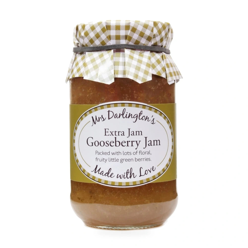 Jar of Mrs. Darlington's Extra Jam Gooseberry Jam with a checkered lid on a white background