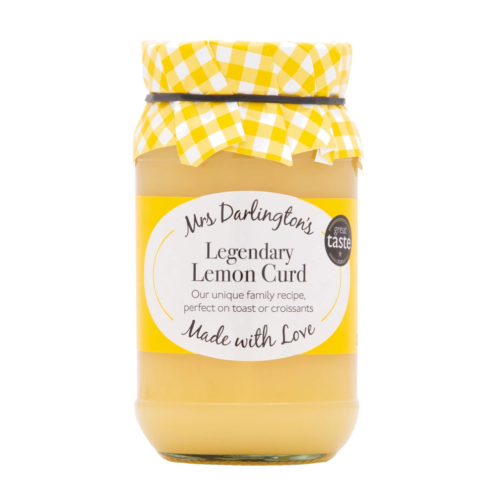 Jar of Mrs Darlington's Legendary Lemon Curd with a yellow checkered lid on a white background