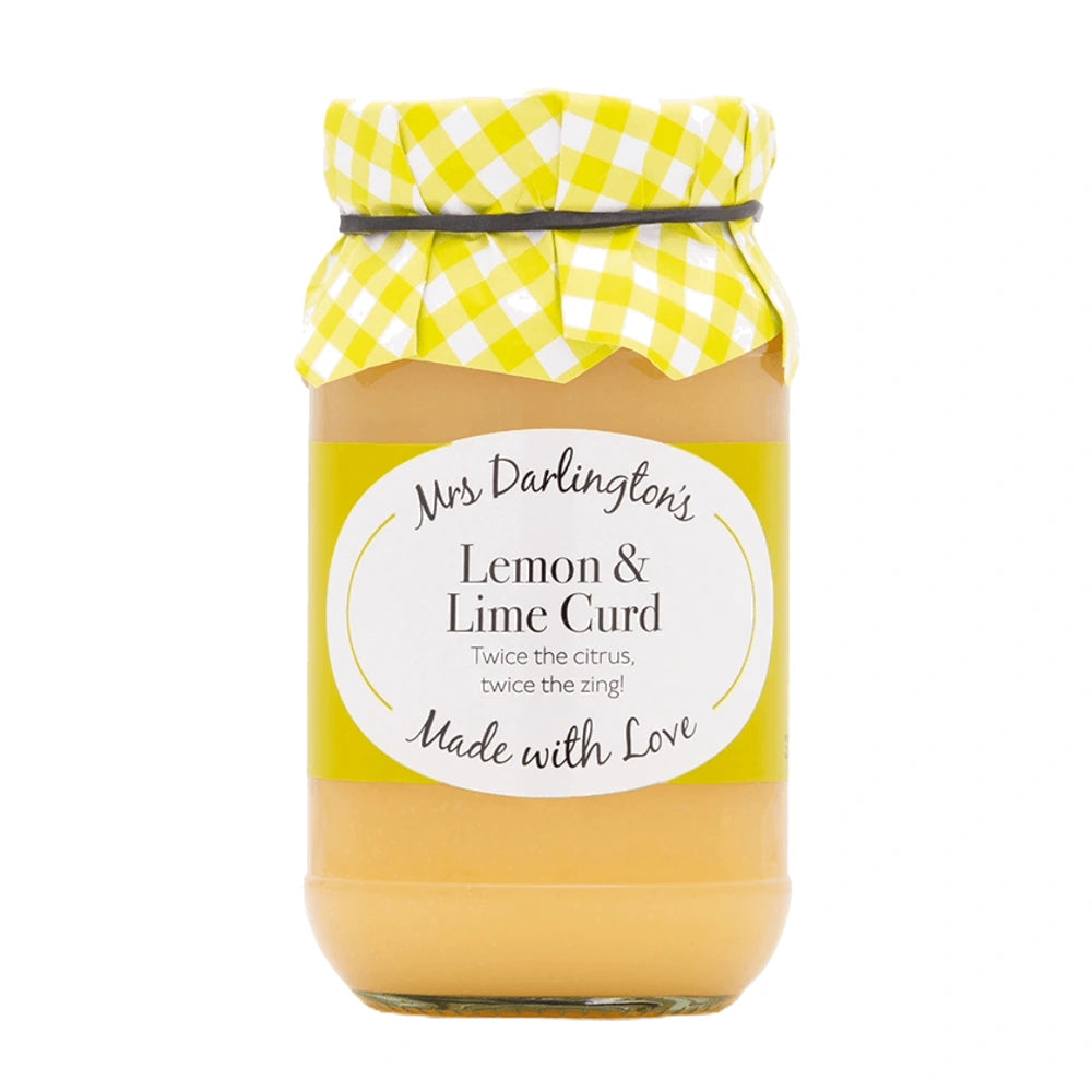 Jar of lemon and lime curd with a yellow checkered lid on a white background