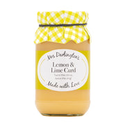 Jar of lemon and lime curd with a yellow checkered lid on a white background