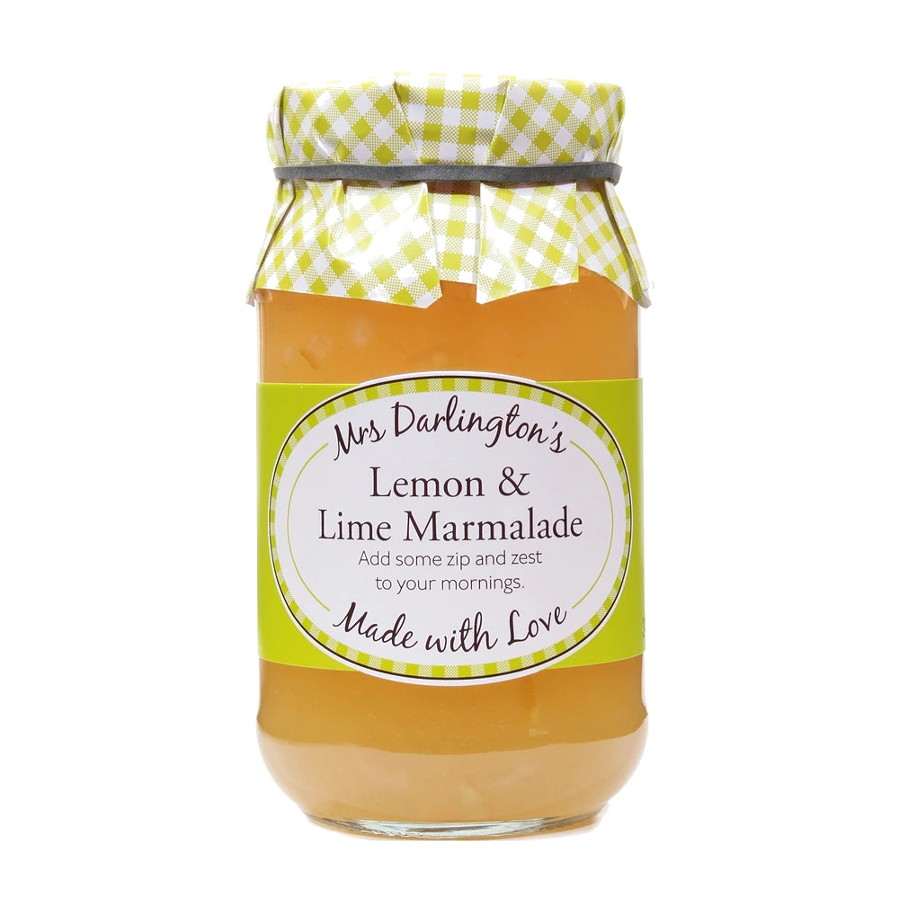 Jar of lemon and lime marmalade with a checkered lid on a white background