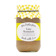 Jar of Mrs Darlington's Lime Marmalade with a yellow checkered lid on a white background