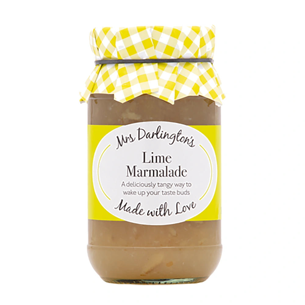 Jar of Mrs Darlington's Lime Marmalade with a yellow checkered lid on a white background