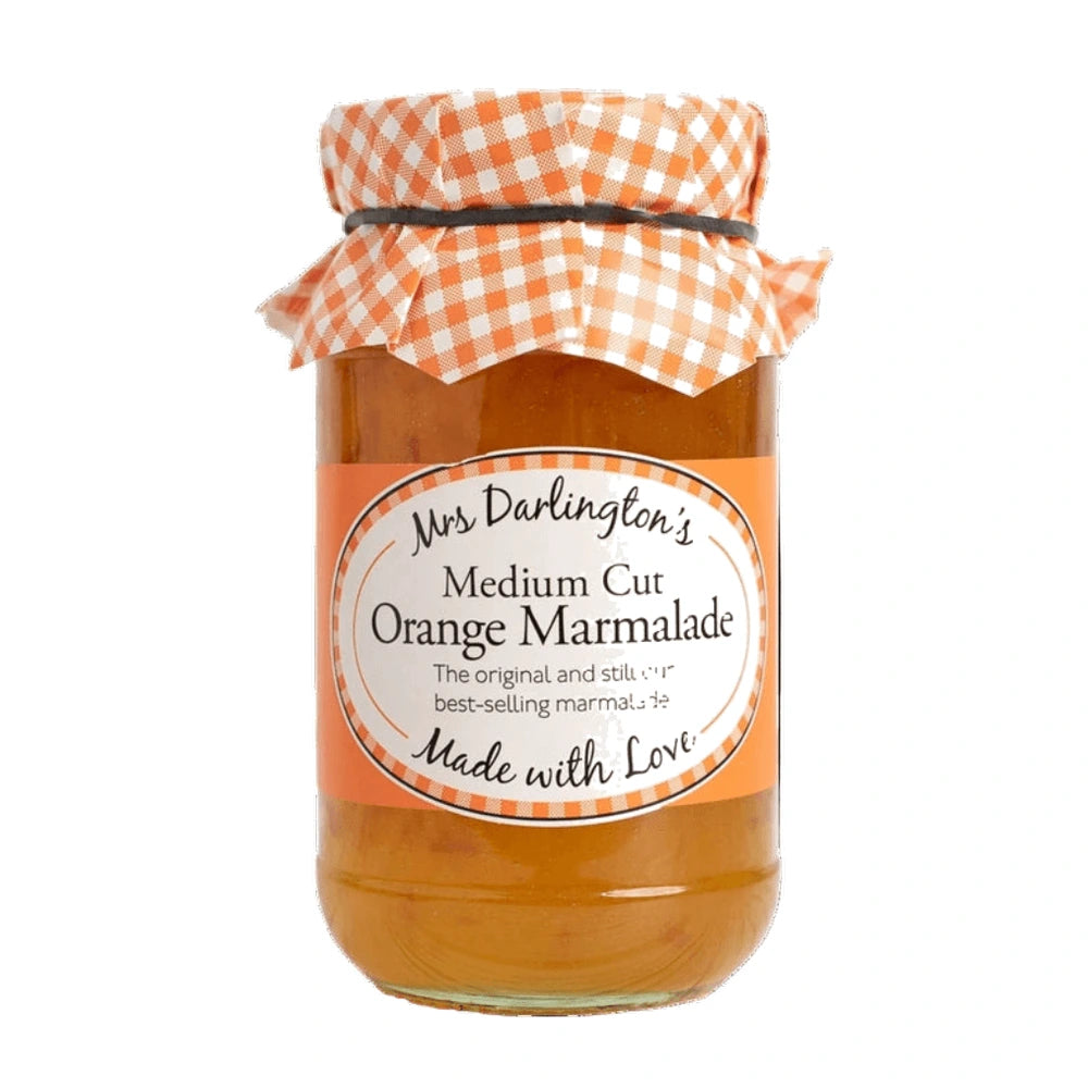 Jar of Mrs Darlington's Medium Cut Orange Marmalade with a checkered lid on a white background