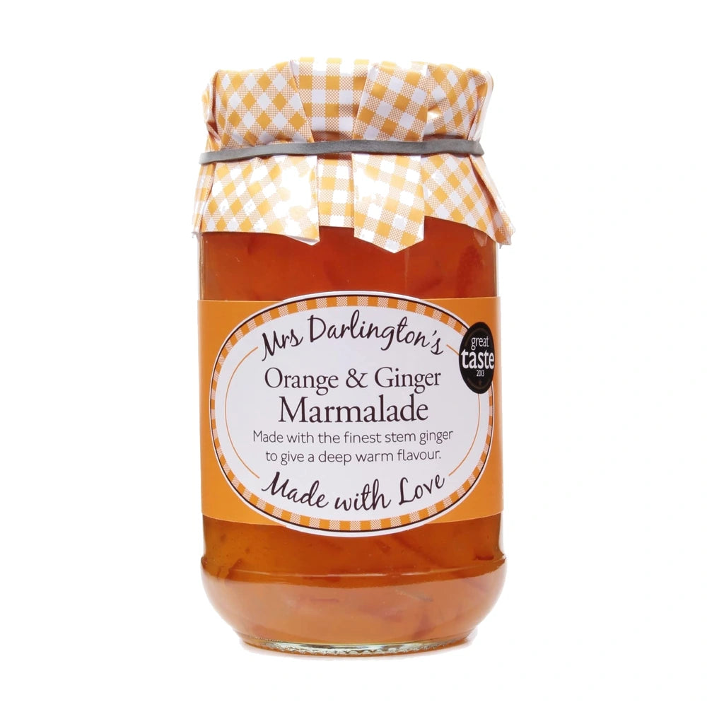 Jar of Mrs Darlington's Orange & Ginger Marmalade with a checkered lid on a white background