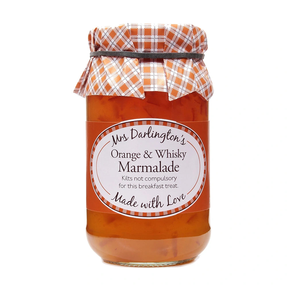 Jar of Mrs Darlington's Orange & Whisky Marmalade with a checkered lid on a white background
