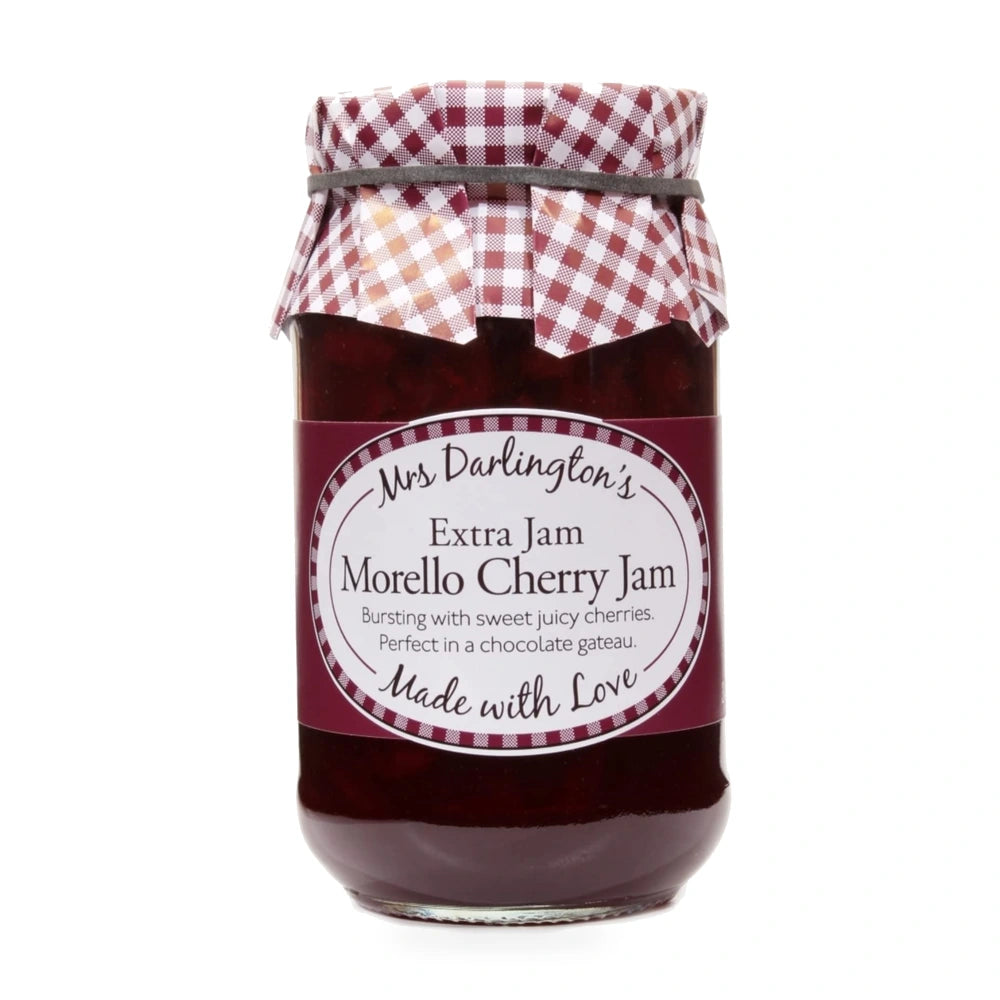 Jar of Mrs. Darlington's Morello Cherry Jam with a checkered lid on a white background