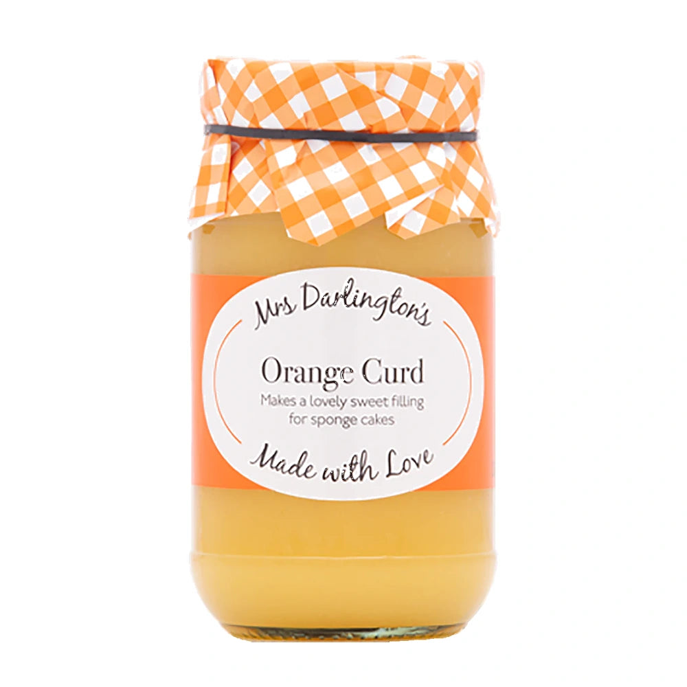 Jar of Mrs Darlington's Orange Curd with a checkered lid on a white background