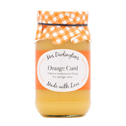 Jar of Mrs Darlington's Orange Curd with a checkered lid on a white background