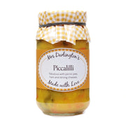 Jar of Mrs Darlington's Piccalilli with a checkered lid on a white background