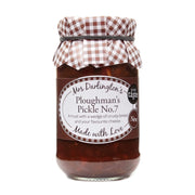 Jar of Mrs Darlington's Ploughman's Pickle No.7 with a checkered lid on a white background