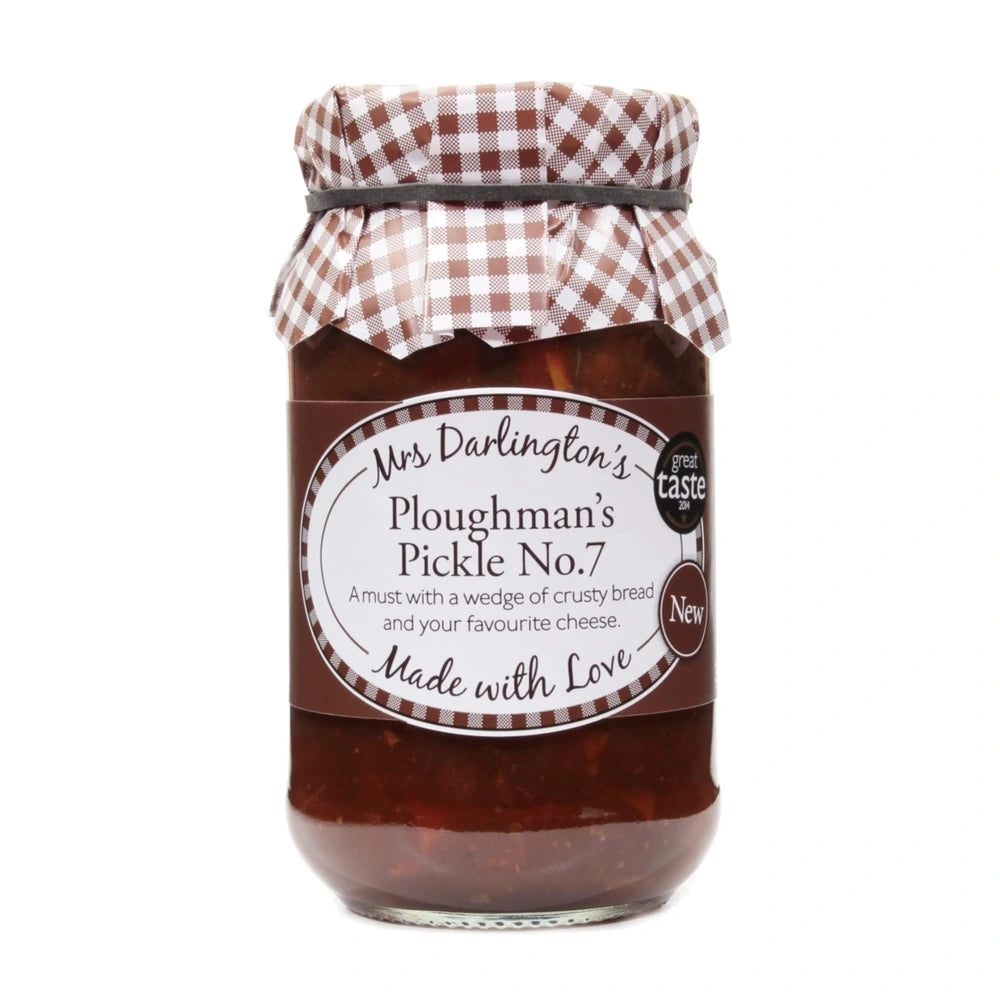 Jar of Mrs Darlington's Ploughman's Pickle No.7 with a checkered lid on a white background