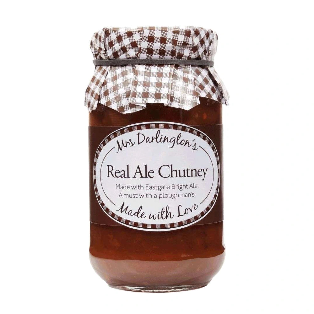 Jar of Mrs Darlington's Real Ale Chutney with a checkered lid on a white background