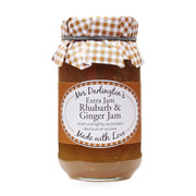 Jar of Mrs. Darlington's Extra Jam Rhubarb & Ginger Jam with a checkered lid on a white background