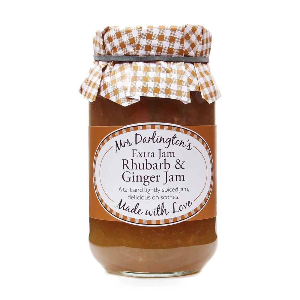 Jar of Mrs. Darlington's Extra Jam Rhubarb & Ginger Jam with a checkered lid on a white background