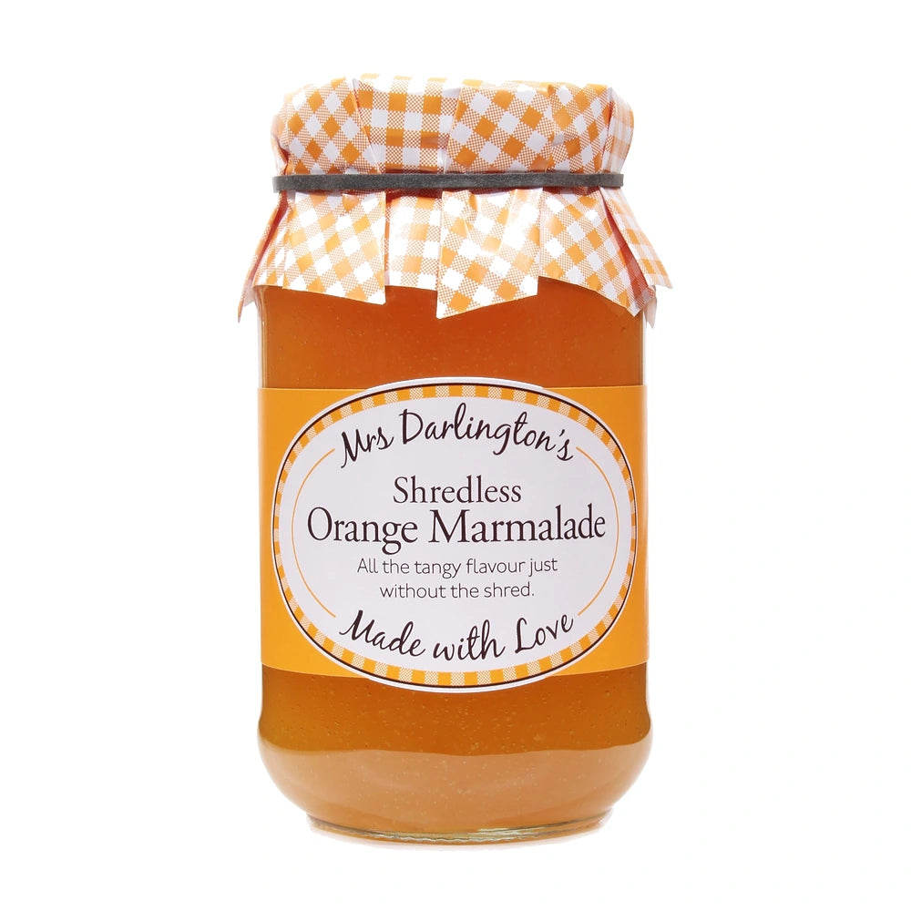 Jar of Mrs Darlington's Shredless Orange Marmalade with a checkered lid on a white background