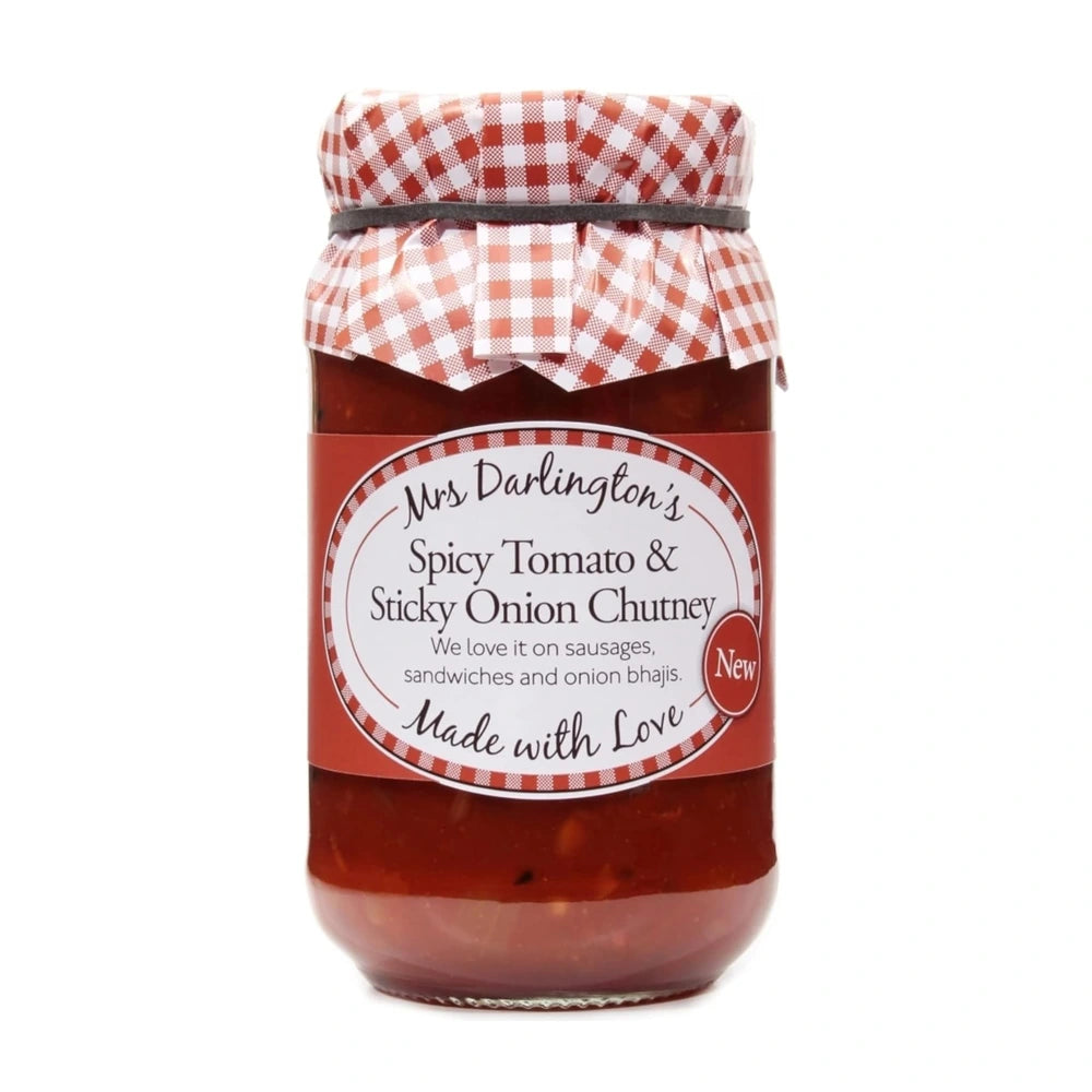 Jar of Mrs. Darlington's Spicy Tomato & Sticky Onion Chutney with a checkered lid on a white background