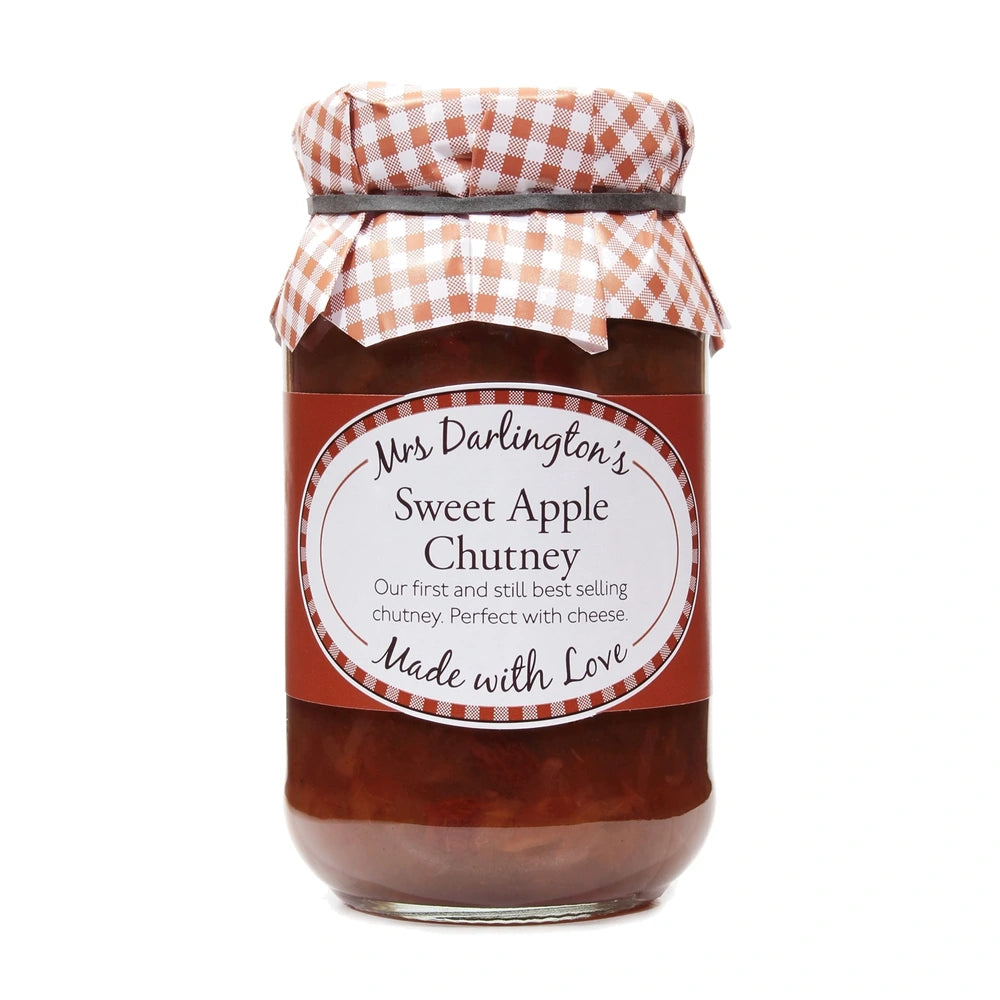 Jar of Mrs Darlington's Sweet Apple Chutney with a checkered cloth on a white background