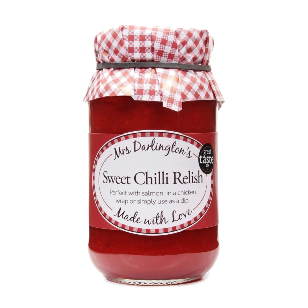 Jar of Mrs Darlington's Sweet Chilli Relish with a checkered lid on a white background