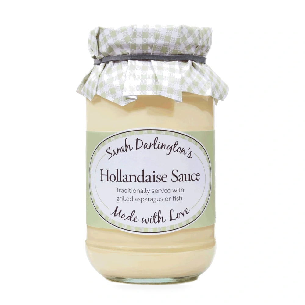 Jar of Sarah Darlington's Hollandaise Sauce with a checkered lid on a white background