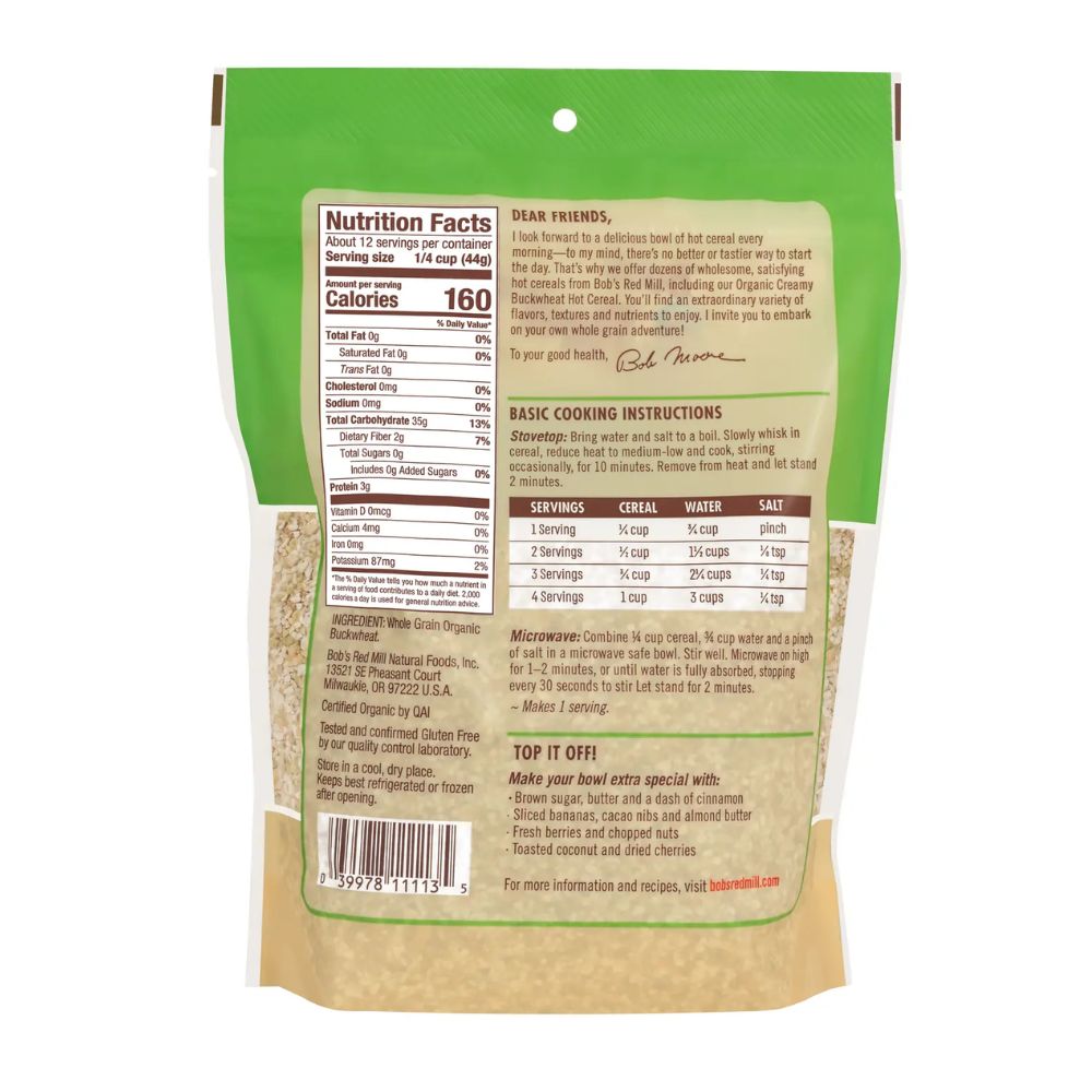 Bob's Red Mill Gluten Free Organic Creamy Buckwheat Cereal 510g