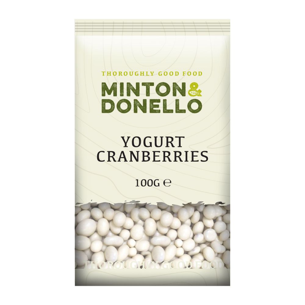 Packaging of Minton & Donello Yogurt Cranberries on a white background
