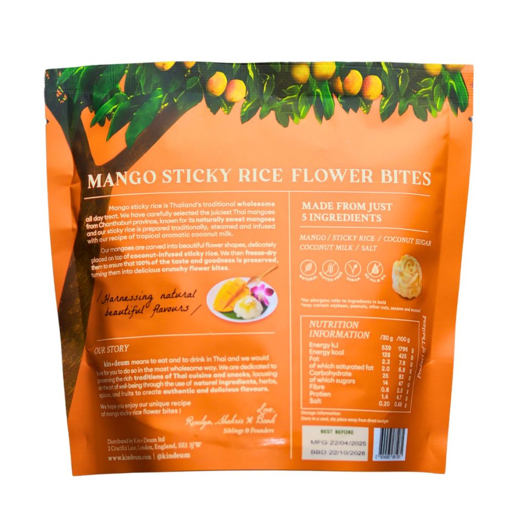 Back view of a package of Mango Sticky Rice Flower Bites with text and images on an orange background.