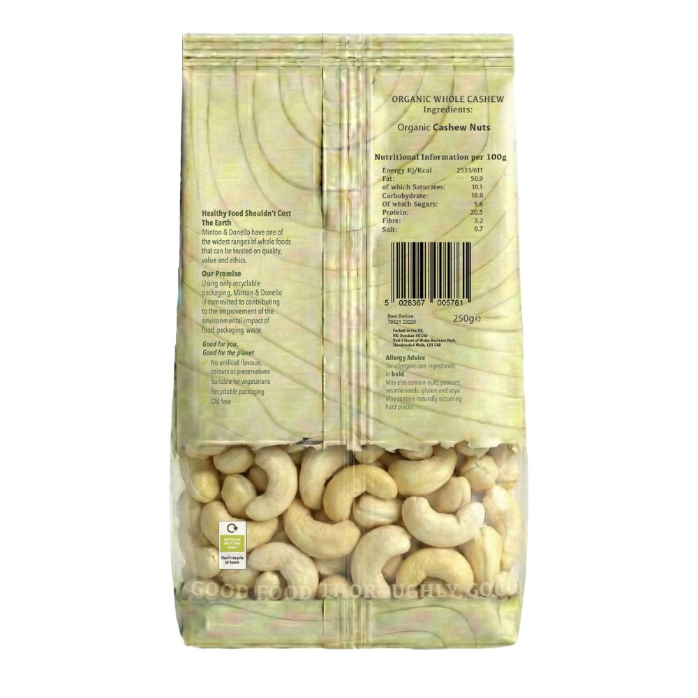 Minton & Donello Organic Whole Cashews 6 x 250g