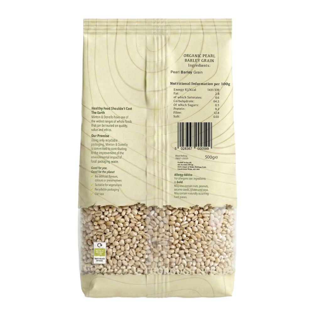 Minton & Donello Organic Pearl Barley Grain 6 x 500g