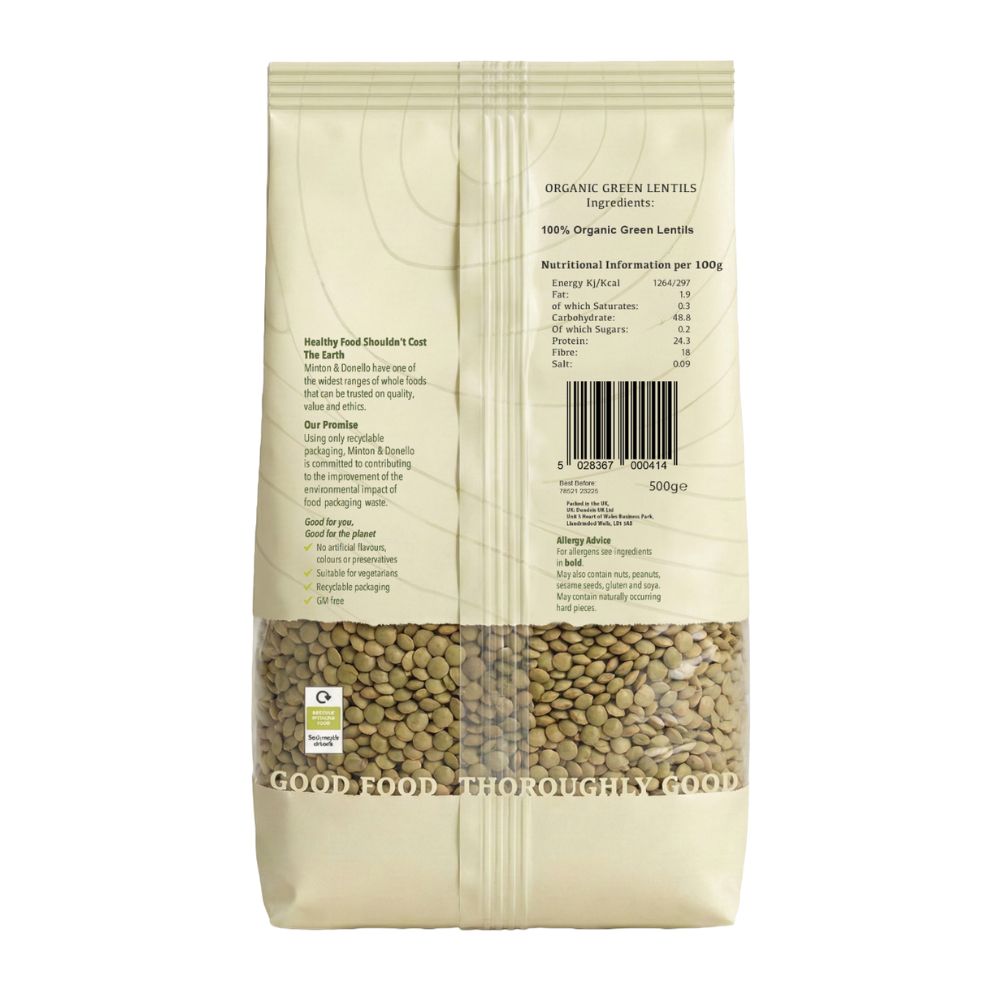 Minton & Donello Organic Green Lentils 6 x 500g