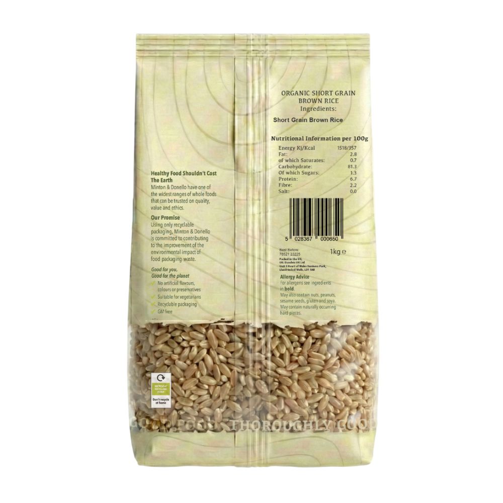 Minton & Donello Organic Short Grain Brown Rice 6 x 1Kg