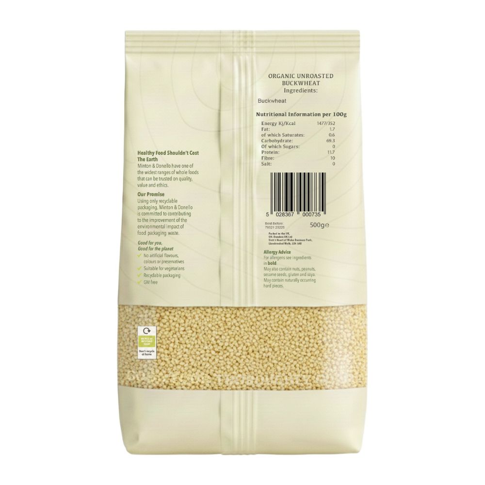 Minton & Donello Organic Buckwheat Hulled & Unroasted 6 x 500g
