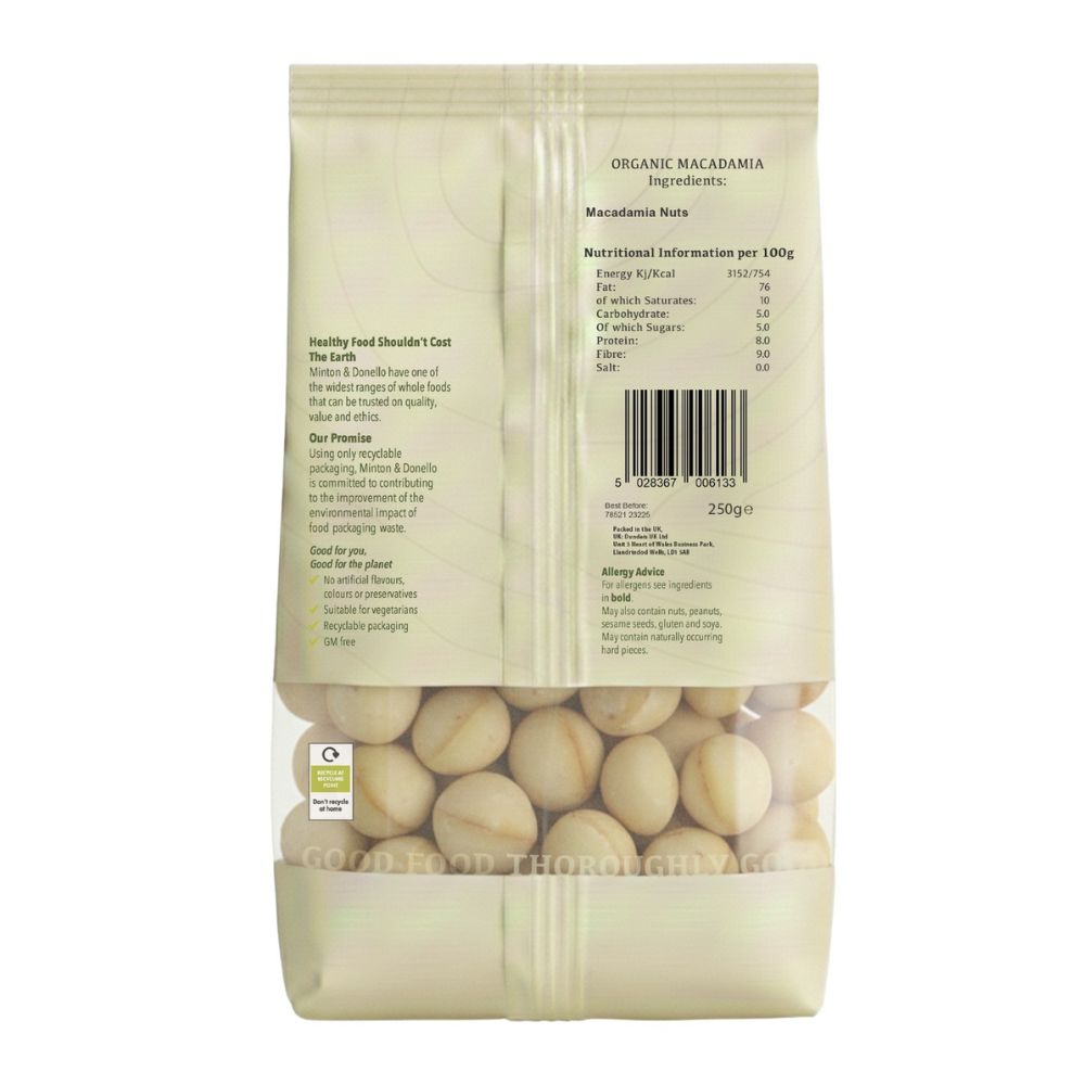 Minton & Donello Organic Whole Macadamia Nuts 6 x 250g