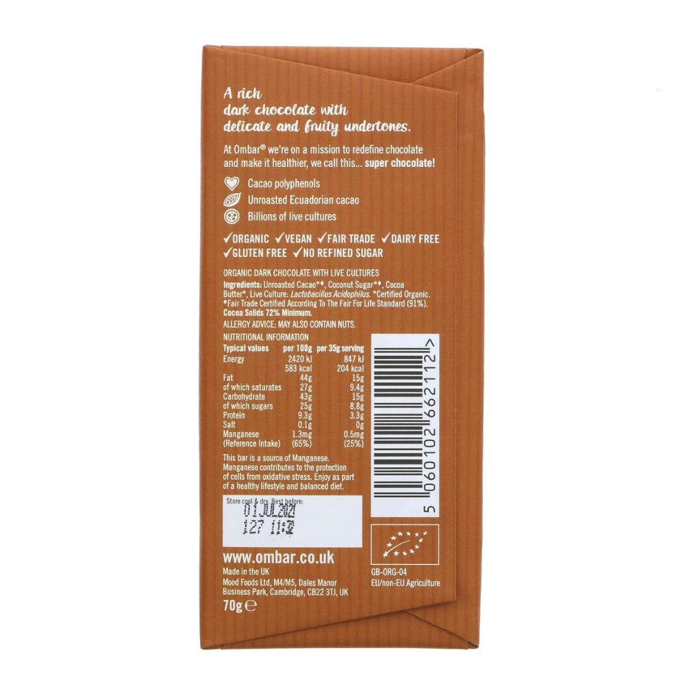 Ombar 72% Cacao Chocolate Bars 10 x 70g