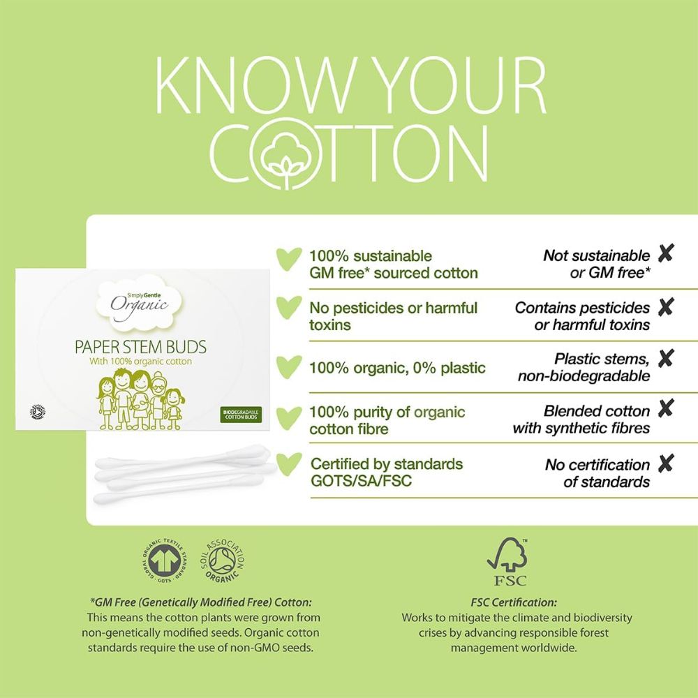 Simply Gentle Organic Paper Stem Cotton Buds 200 Pieces x 3