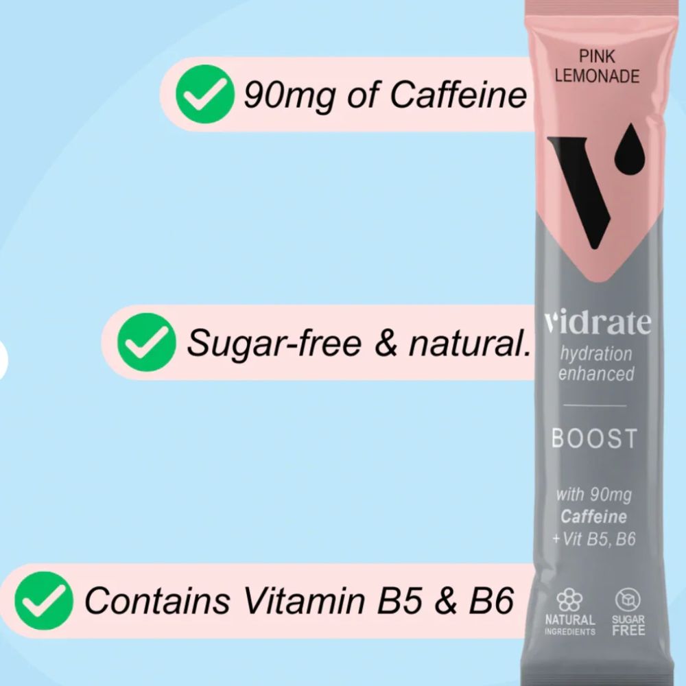 ViDrate Pink Lemonade Boost Electrolyte Drink Powder with 90mg Caffeine 30 x 3g