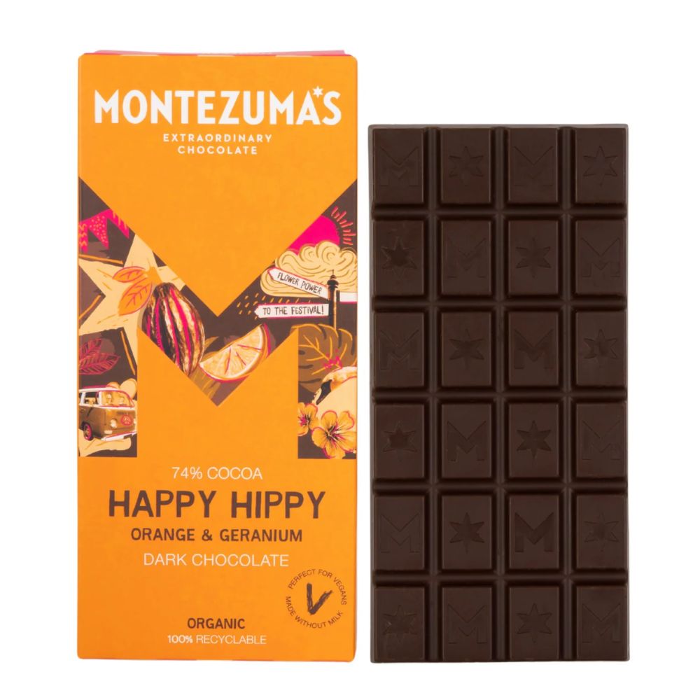 Montezuma Happy Hippy Dark Chocolate with Orange & Geranium 12 x 90g