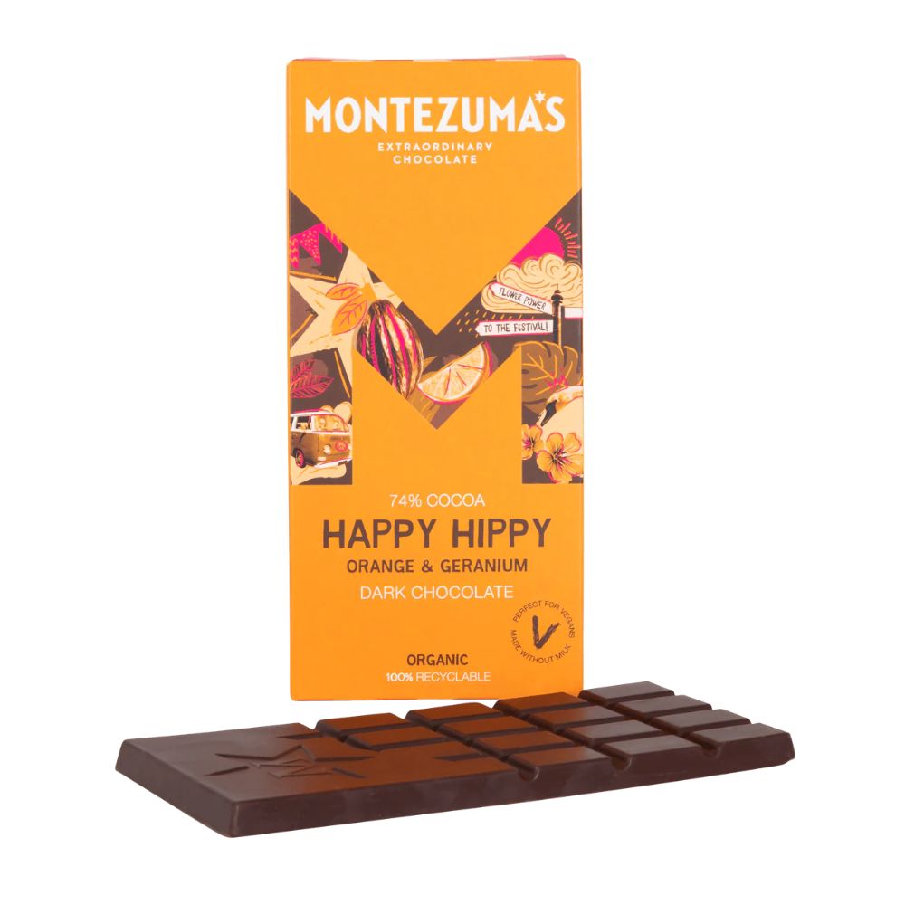 Montezuma Happy Hippy Dark Chocolate with Orange & Geranium 12 x 90g