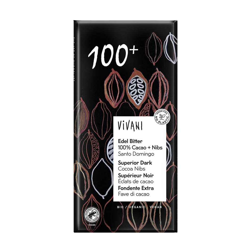 Vivani Organic Superior Dark 100% + Cocoa Nibs 10 x 80g
